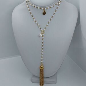 Skinny by Jessica Elliot white glass bead y drop tassel‎ necklace